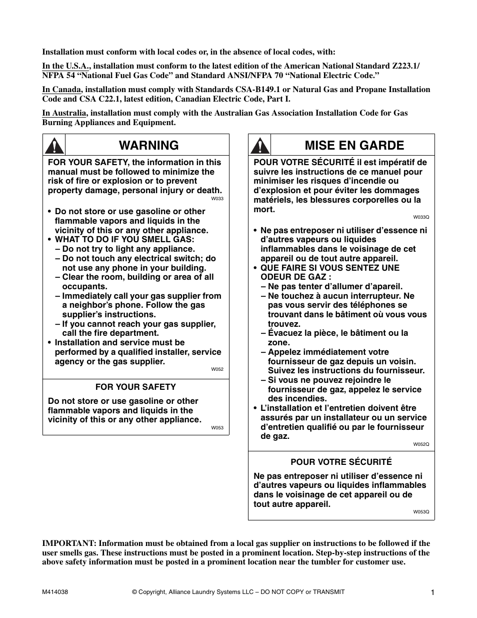 Warning, Mise en garde | Alliance Laundry Systems T433I User Manual | Page 3 / 116