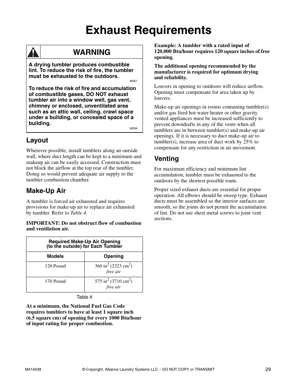 Exhaust requirements, Warning, Layout | Make-up air, Venting | Alliance Laundry Systems T433I User Manual | Page 31 / 116