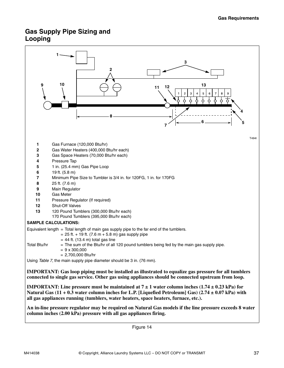 Gas supply pipe sizing and looping | Alliance Laundry Systems T433I User Manual | Page 39 / 116