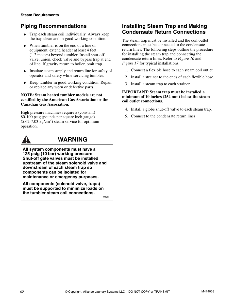 Warning, Piping recommendations | Alliance Laundry Systems T433I User Manual | Page 44 / 116
