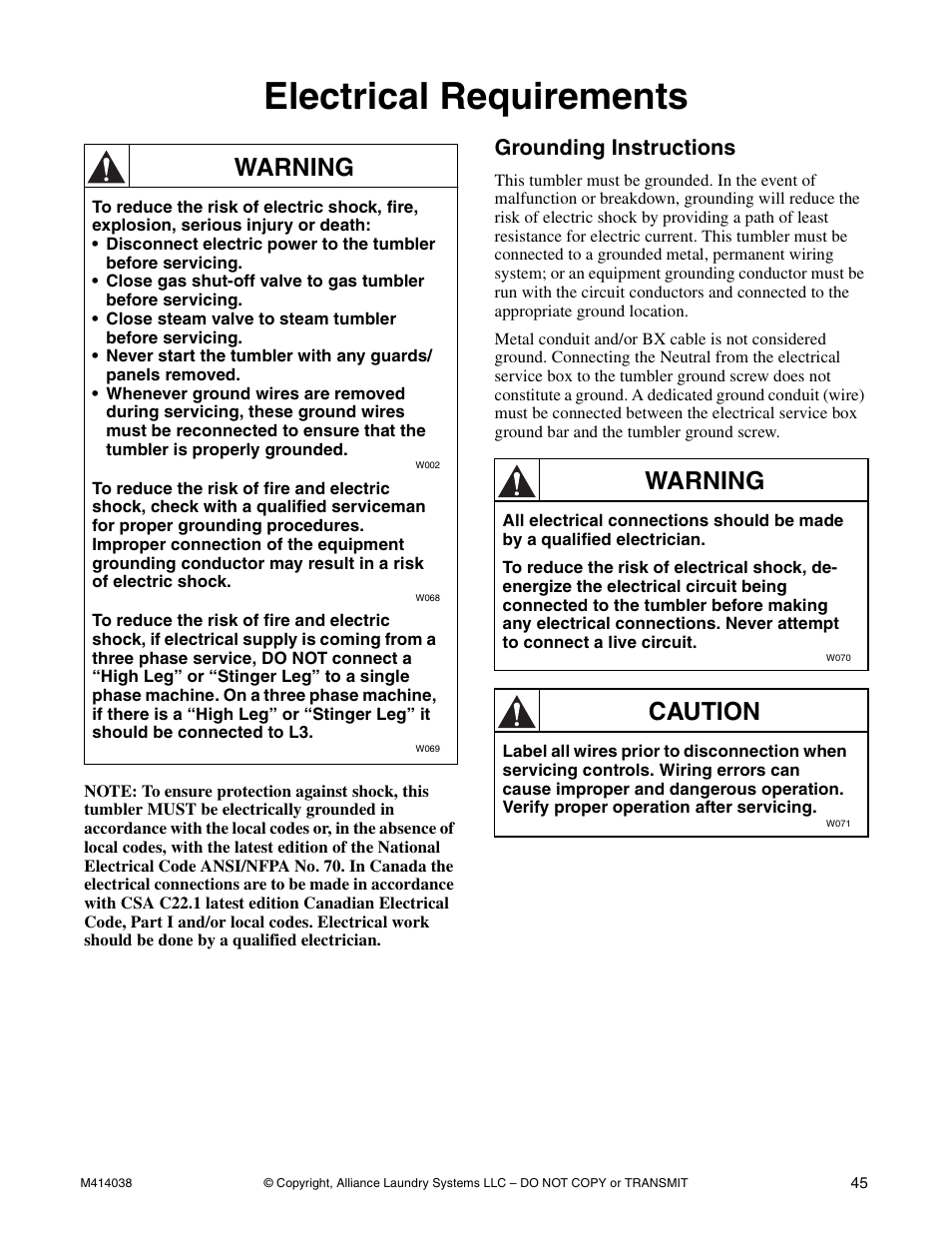 Electrical requirements, Warning, Caution | Grounding instructions | Alliance Laundry Systems T433I User Manual | Page 47 / 116