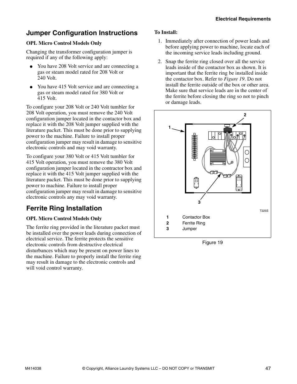 Jumper configuration instructions, Ferrite ring installation | Alliance Laundry Systems T433I User Manual | Page 49 / 116