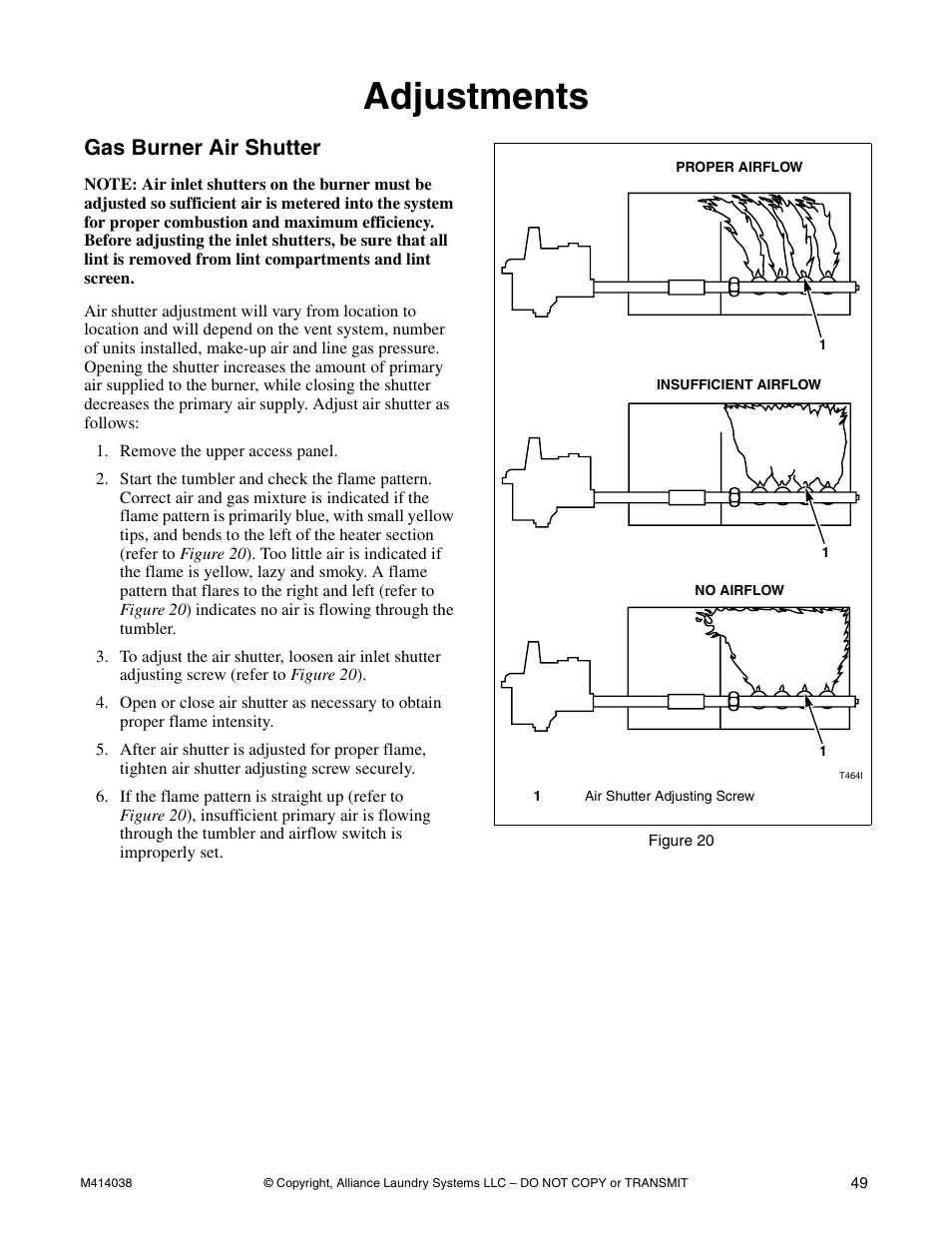 Adjustments, Gas burner air shutter | Alliance Laundry Systems T433I User Manual | Page 51 / 116