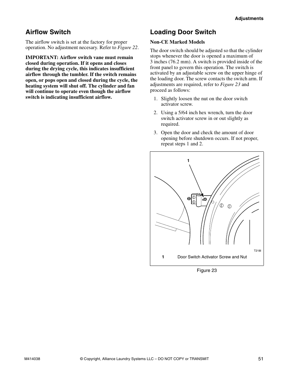 Airflow switch, Loading door switch | Alliance Laundry Systems T433I User Manual | Page 53 / 116