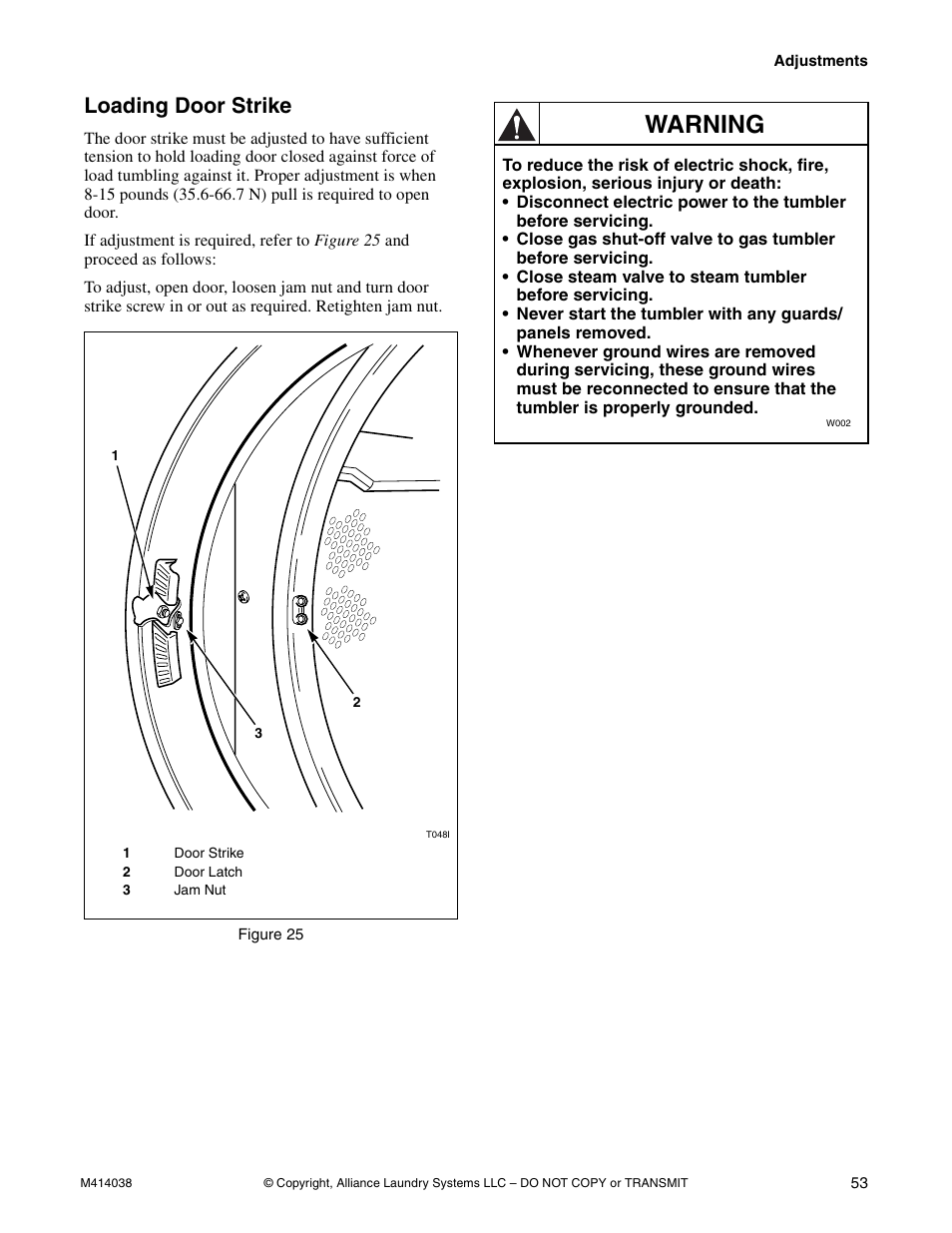 Warning, Loading door strike | Alliance Laundry Systems T433I User Manual | Page 55 / 116