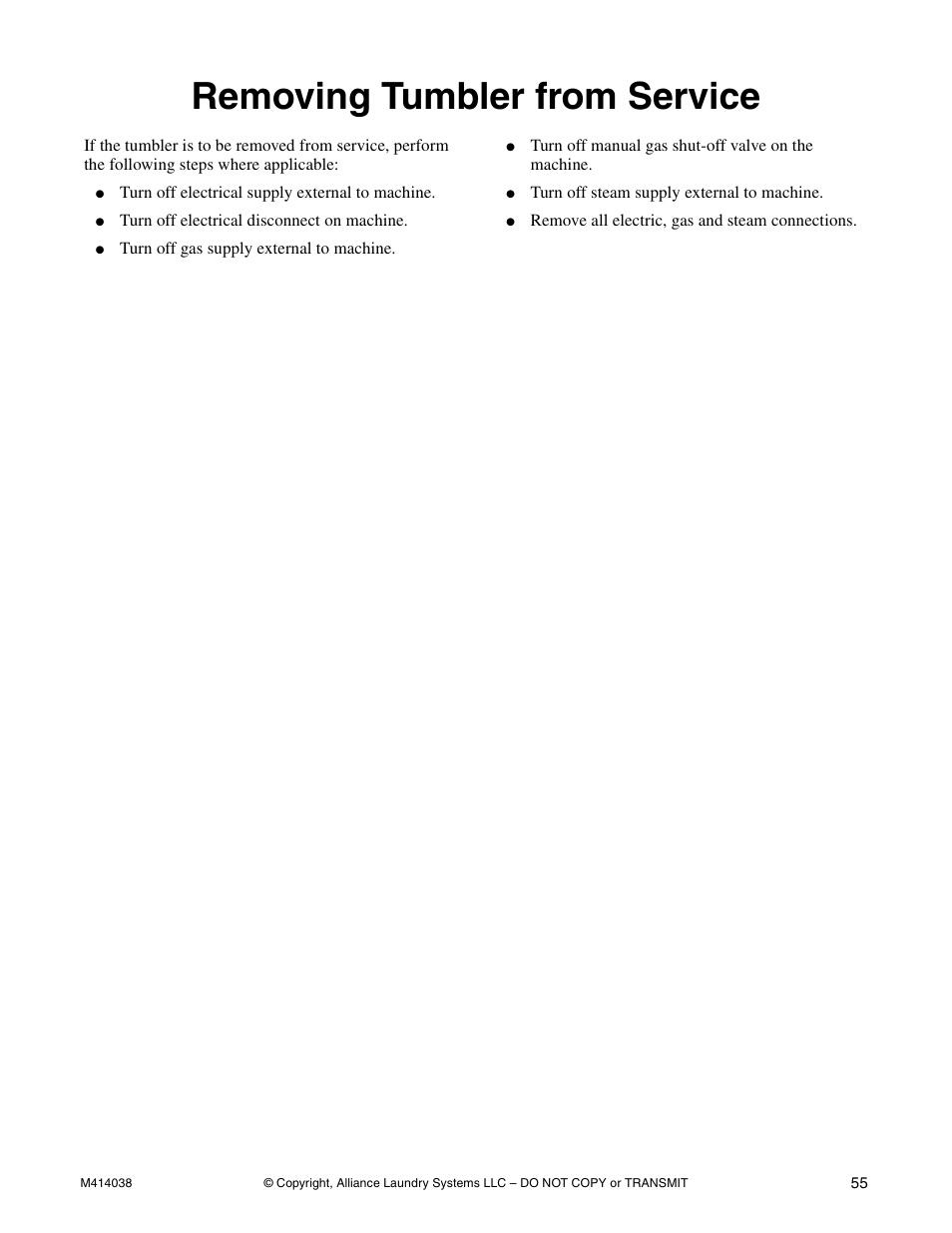 Removing tumbler from service | Alliance Laundry Systems T433I User Manual | Page 57 / 116