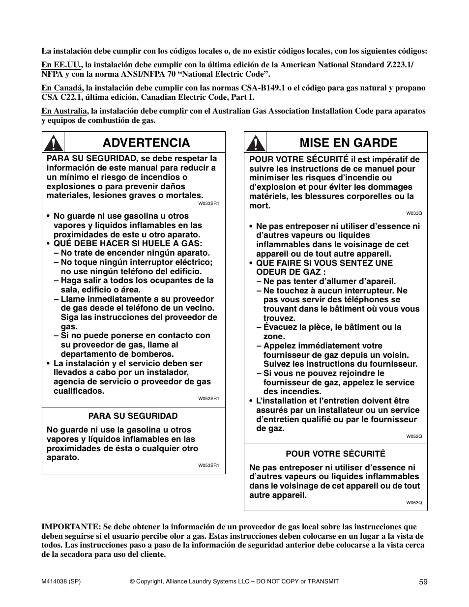 Advertencia, Mise en garde | Alliance Laundry Systems T433I User Manual | Page 61 / 116