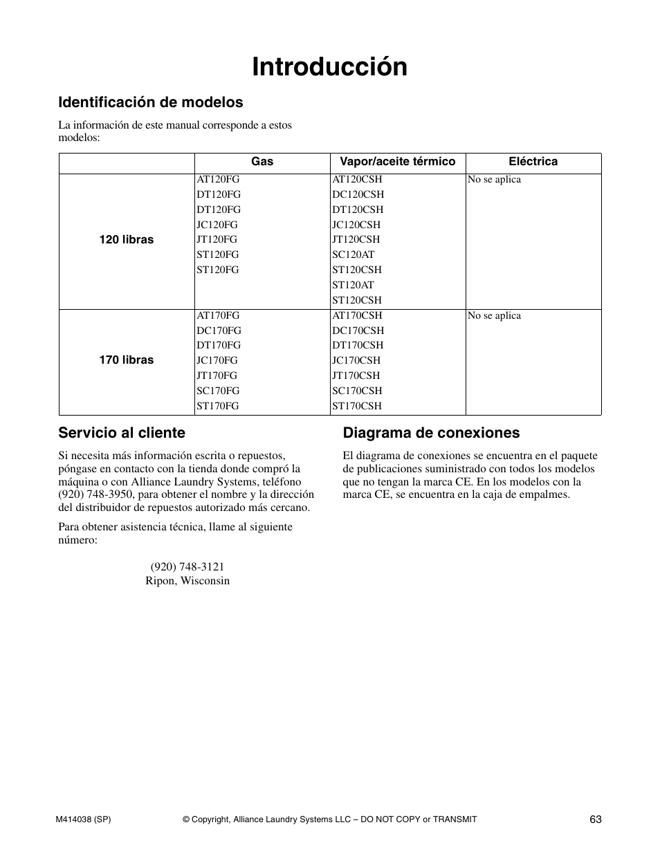 Introducción, Identificación de modelos, Servicio al cliente | Diagrama de conexiones | Alliance Laundry Systems T433I User Manual | Page 65 / 116