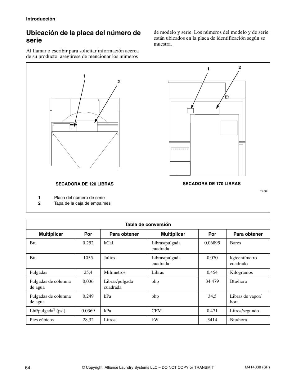 Ubicación de la placa del número de serie | Alliance Laundry Systems T433I User Manual | Page 66 / 116