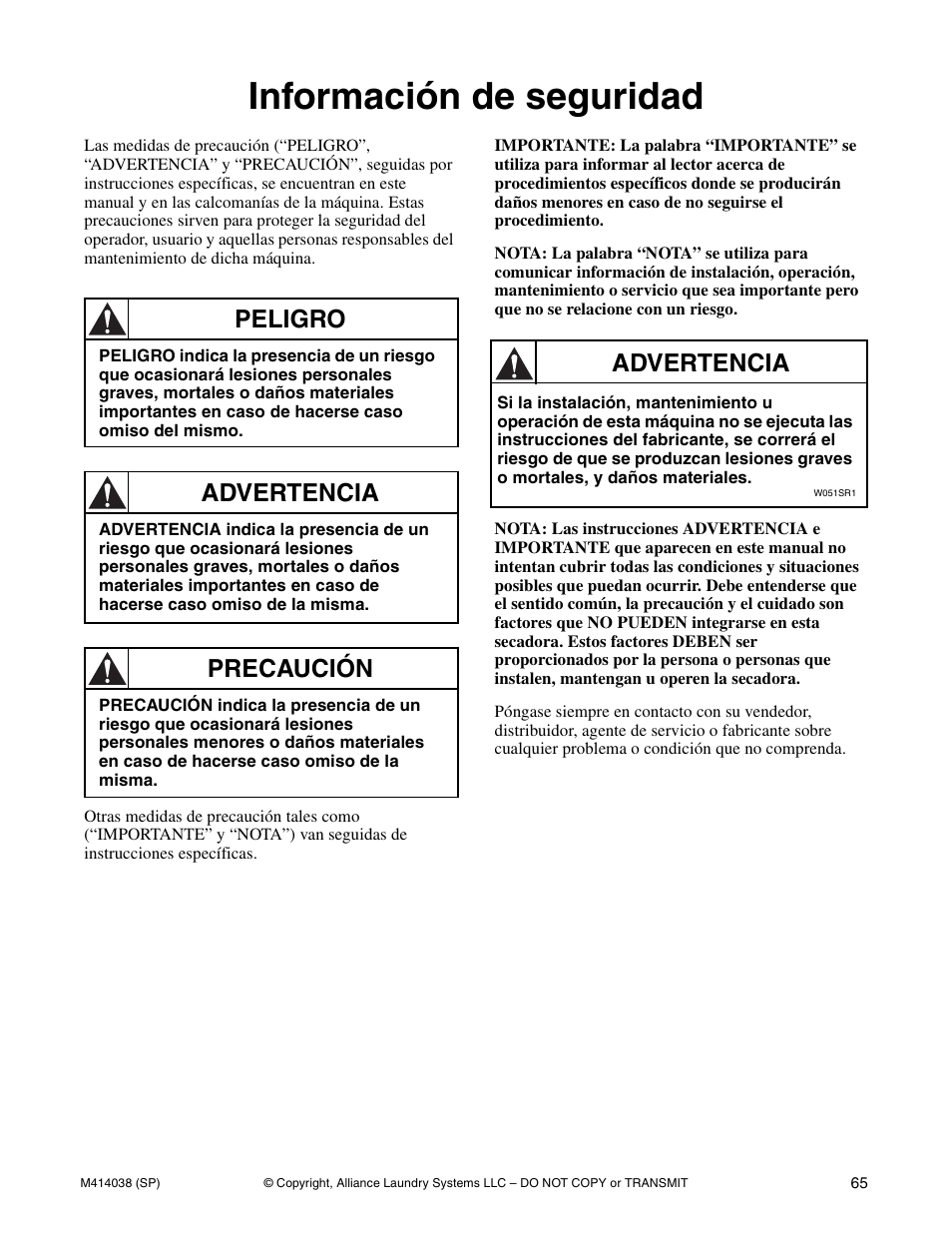 Información de seguridad, Peligro, Advertencia | Precaución | Alliance Laundry Systems T433I User Manual | Page 67 / 116