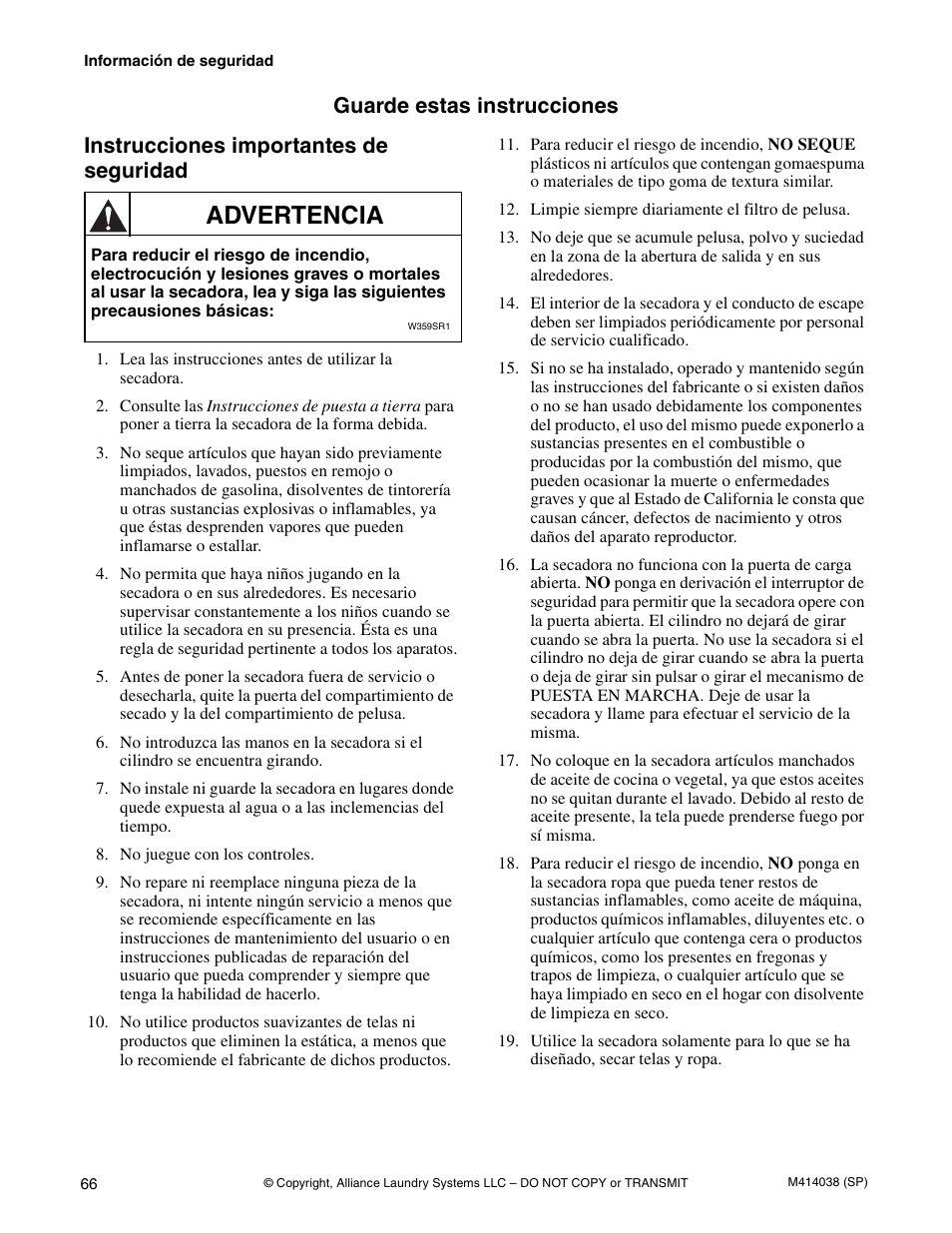 Advertencia | Alliance Laundry Systems T433I User Manual | Page 68 / 116