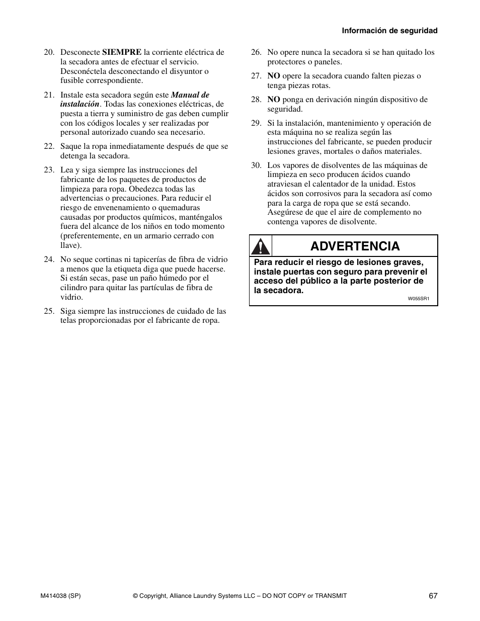 Advertencia | Alliance Laundry Systems T433I User Manual | Page 69 / 116