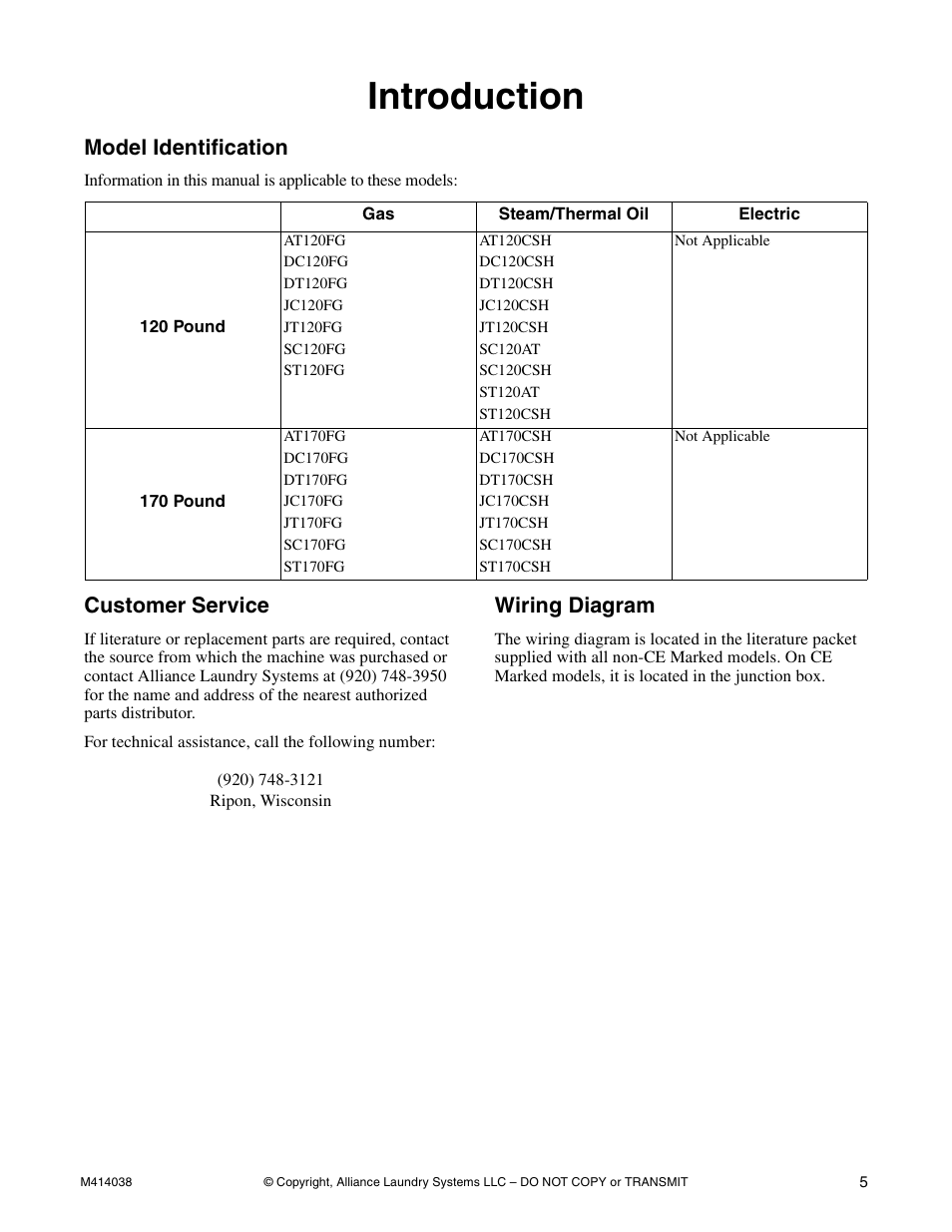 Introduction, Model identification, Customer service | Wiring diagram | Alliance Laundry Systems T433I User Manual | Page 7 / 116
