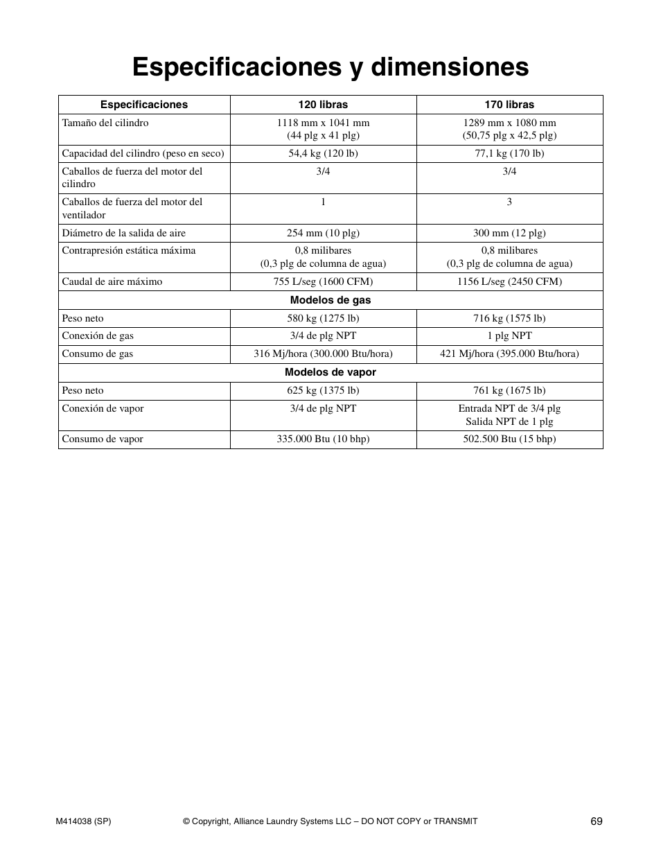 Especificaciones y dimensiones | Alliance Laundry Systems T433I User Manual | Page 71 / 116