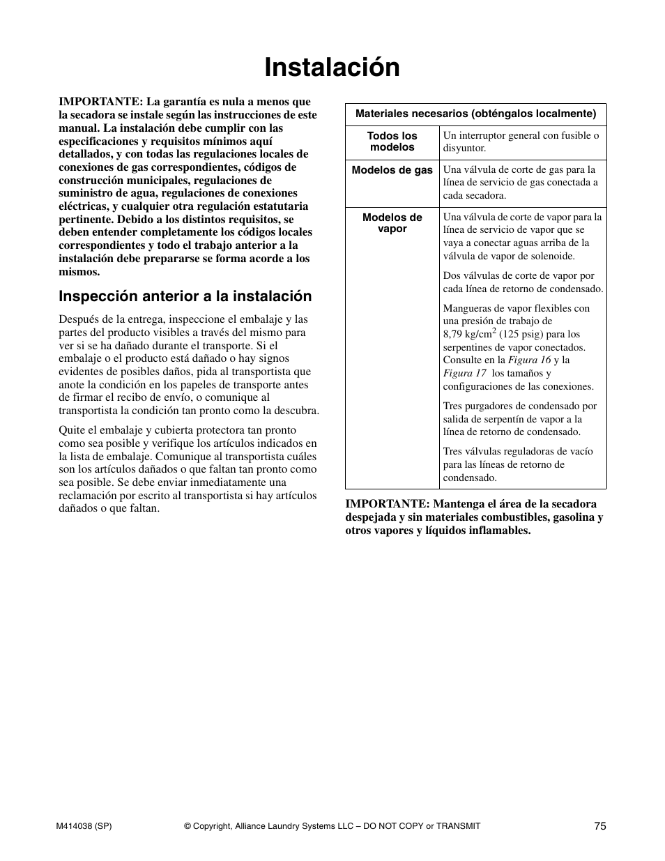 Instalación, Inspección anterior a la instalación | Alliance Laundry Systems T433I User Manual | Page 77 / 116