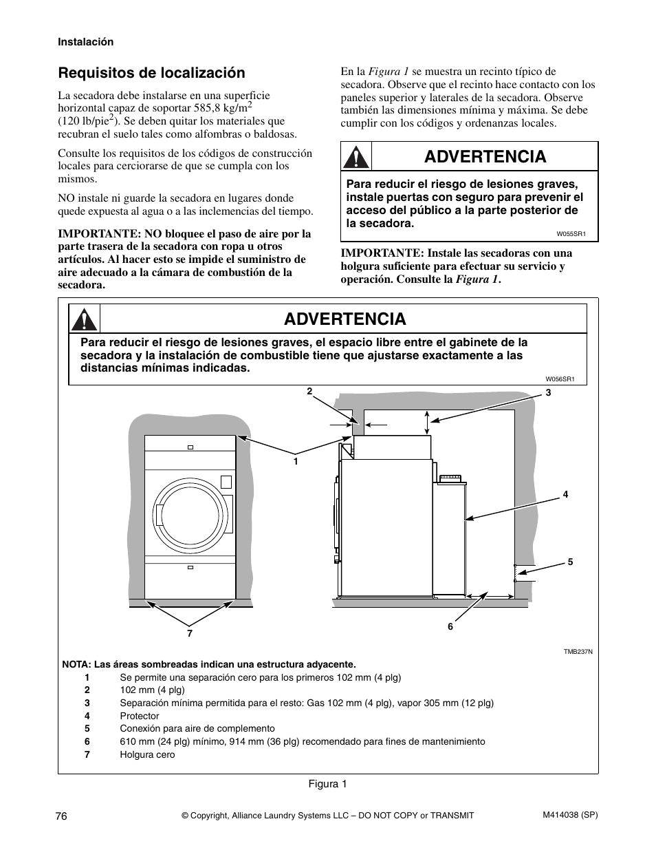 Advertencia, Requisitos de localización | Alliance Laundry Systems T433I User Manual | Page 78 / 116