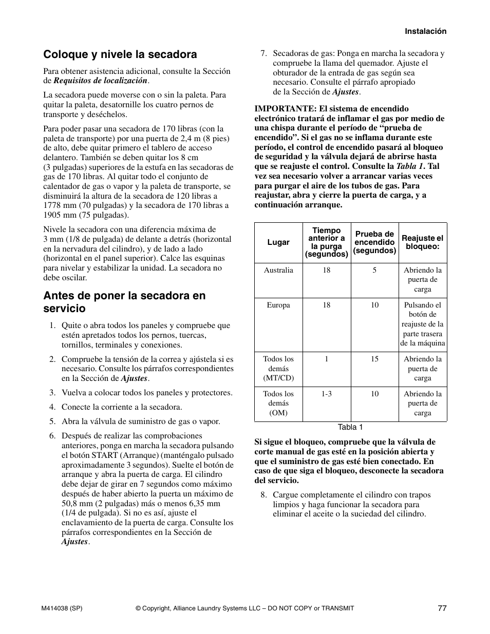 Coloque y nivele la secadora, Antes de poner la secadora en servicio | Alliance Laundry Systems T433I User Manual | Page 79 / 116