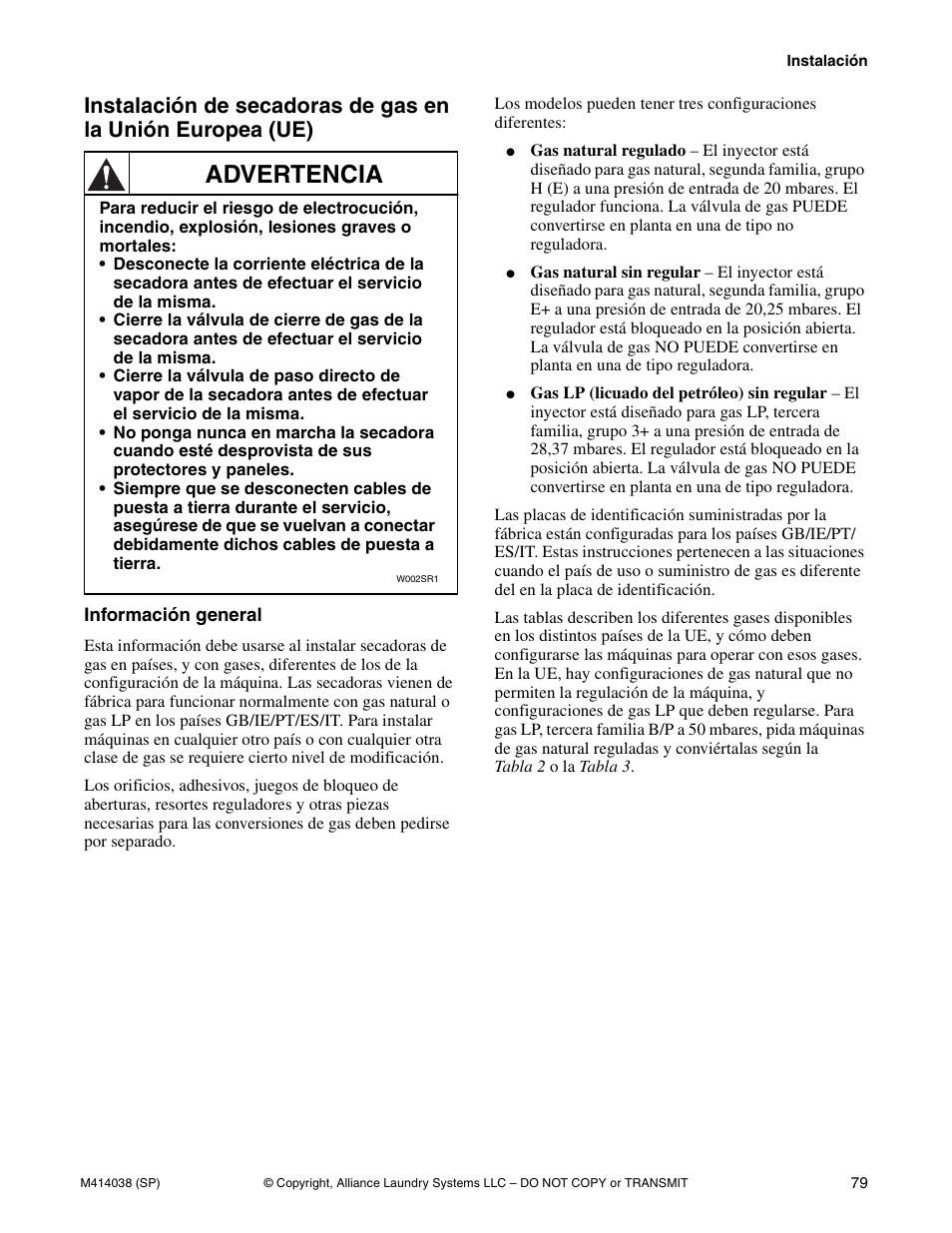 Advertencia | Alliance Laundry Systems T433I User Manual | Page 81 / 116