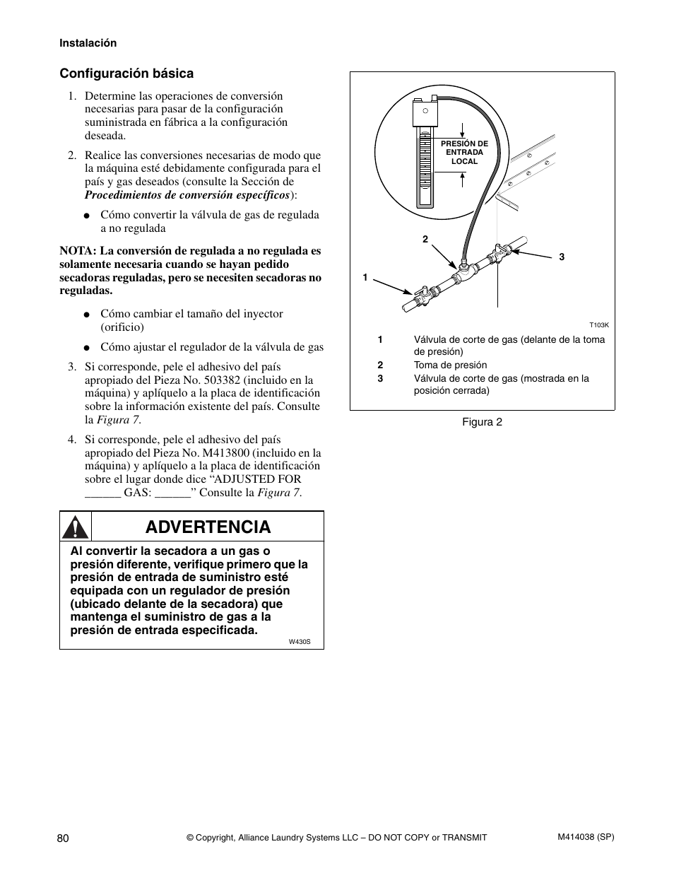 Advertencia, Configuración básica | Alliance Laundry Systems T433I User Manual | Page 82 / 116