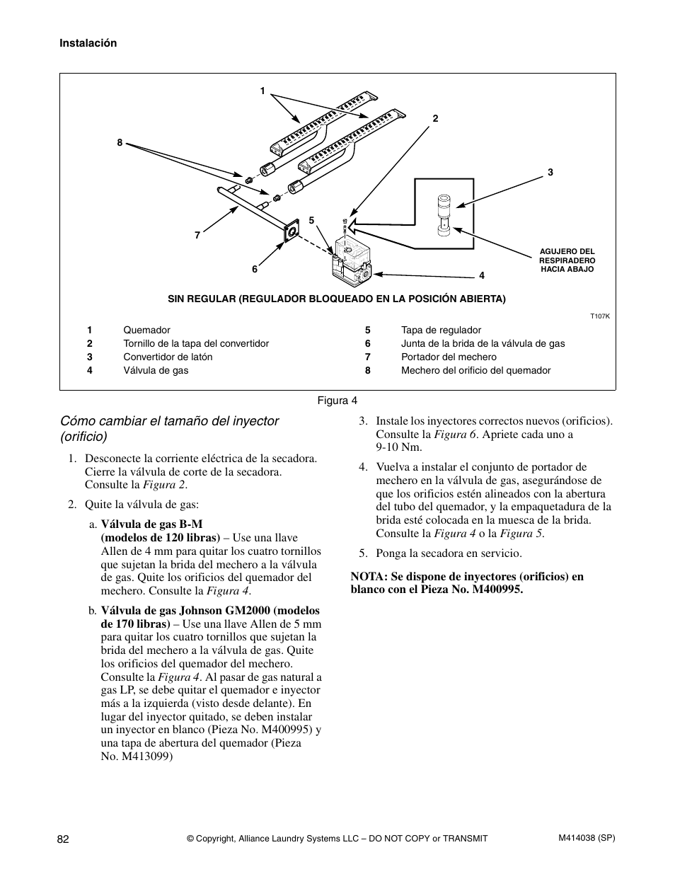 Cómo cambiar el tamaño del inyector (orificio) | Alliance Laundry Systems T433I User Manual | Page 84 / 116