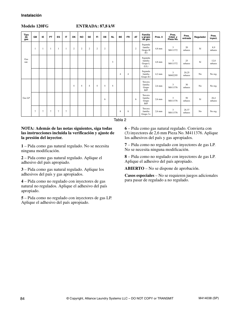 Instalación 84, Tabla 2 | Alliance Laundry Systems T433I User Manual | Page 86 / 116