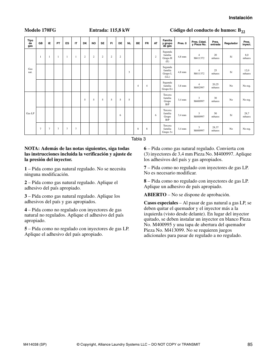 Instalación 85, Tabla 3 | Alliance Laundry Systems T433I User Manual | Page 87 / 116