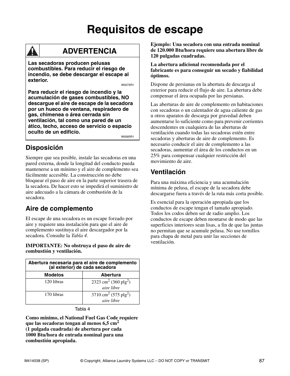 Requisitos de escape, Advertencia, Disposición | Aire de complemento, Ventilación | Alliance Laundry Systems T433I User Manual | Page 89 / 116