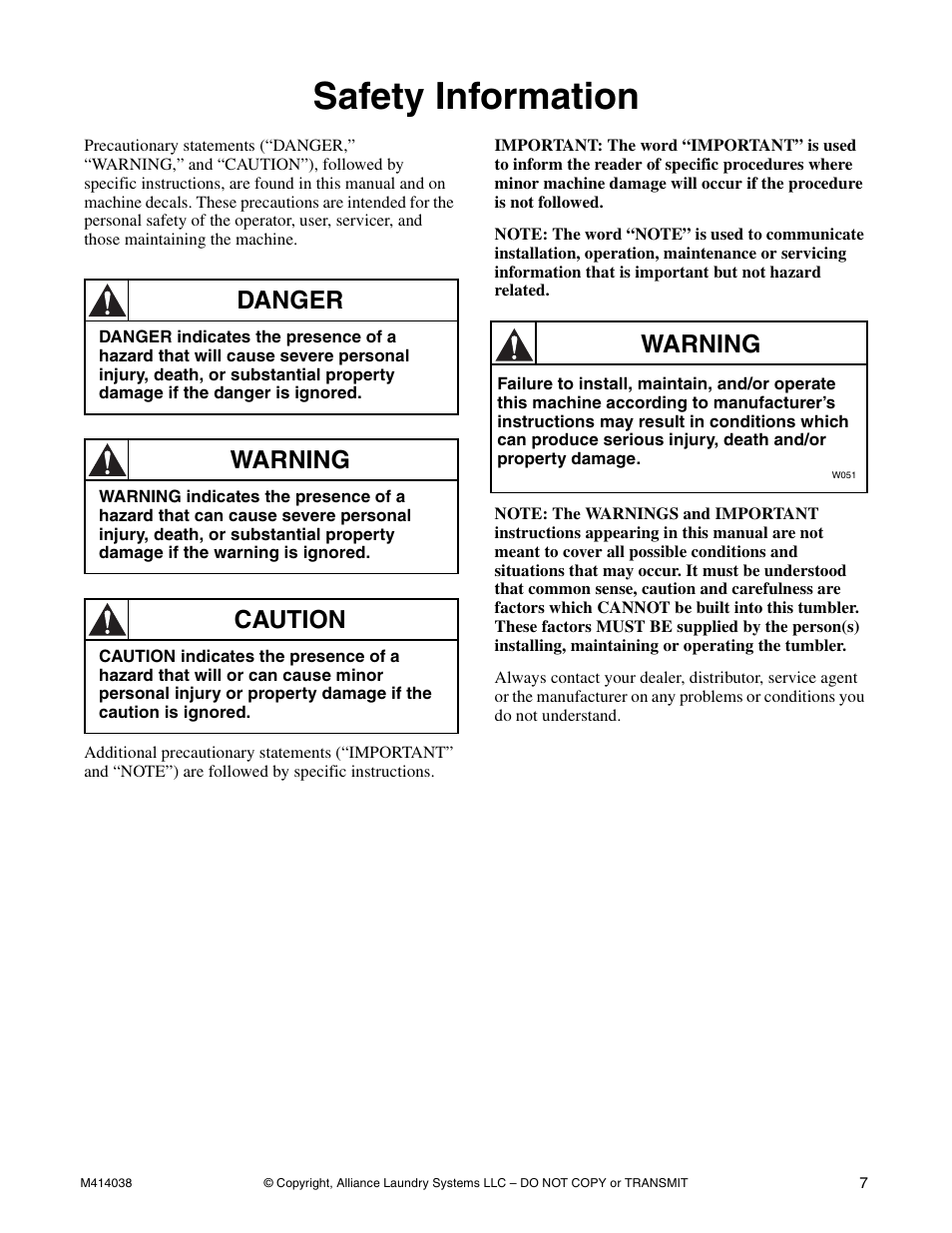 Safety information, Danger, Warning | Caution | Alliance Laundry Systems T433I User Manual | Page 9 / 116