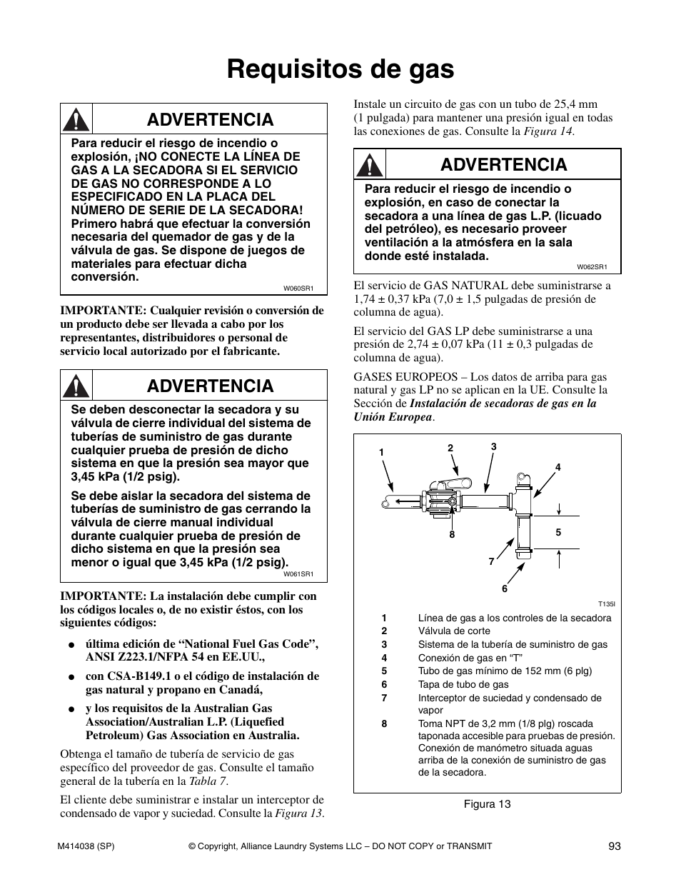 Requisitos de gas, Advertencia | Alliance Laundry Systems T433I User Manual | Page 95 / 116