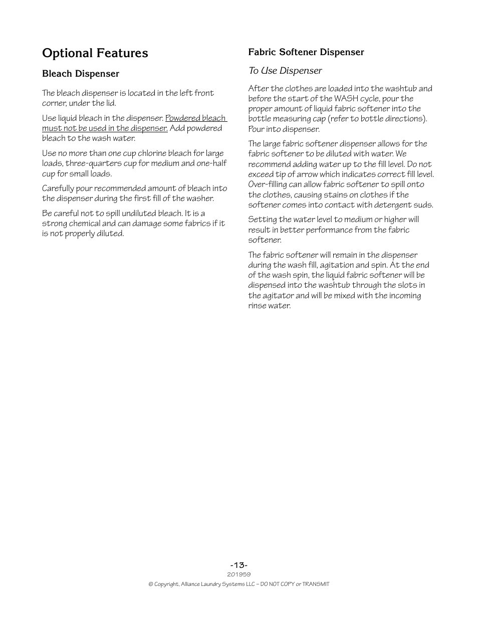 Optional features | Alliance Laundry Systems 201959R1 User Manual | Page 13 / 22