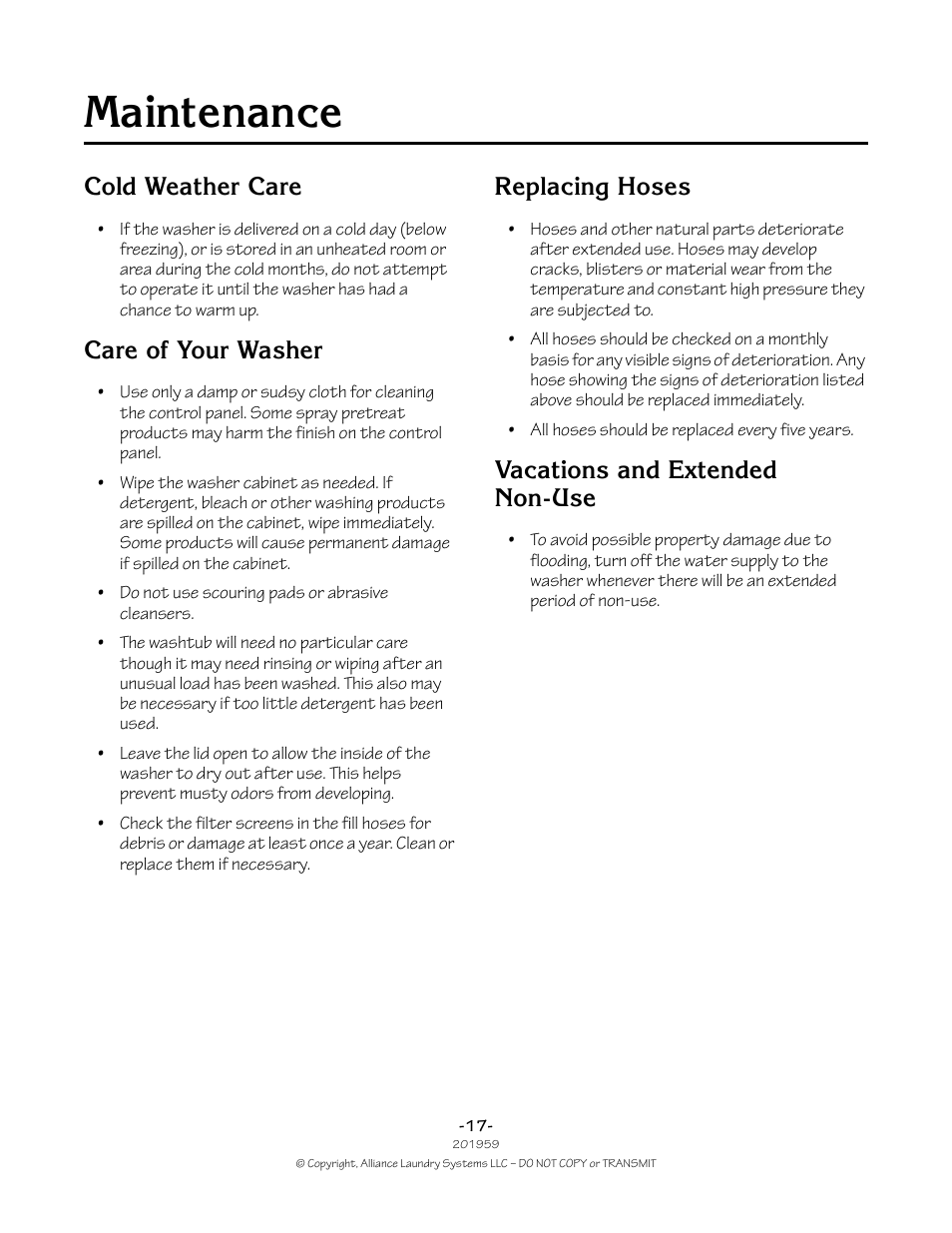 Maintenance, Cold weather care, Care of your washer | Replacing hoses, Vacations and extended non-use | Alliance Laundry Systems 201959R1 User Manual | Page 17 / 22