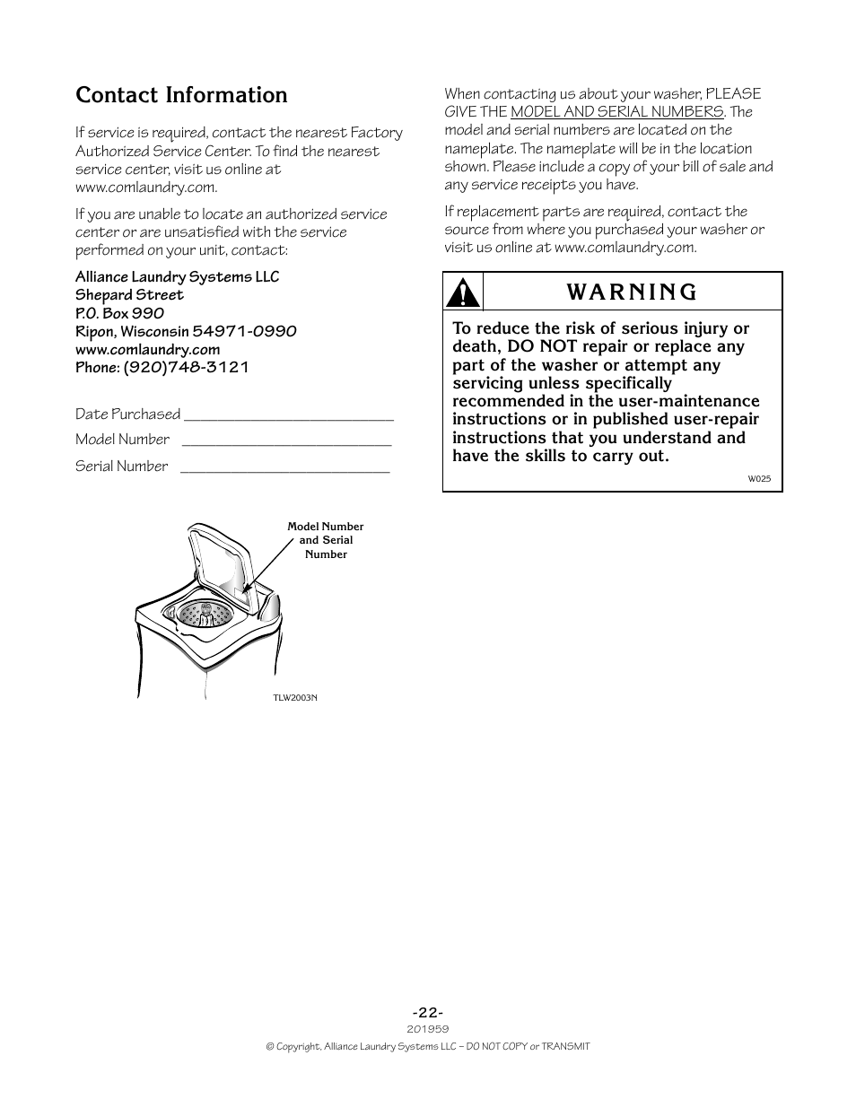 Contact information | Alliance Laundry Systems 201959R1 User Manual | Page 22 / 22