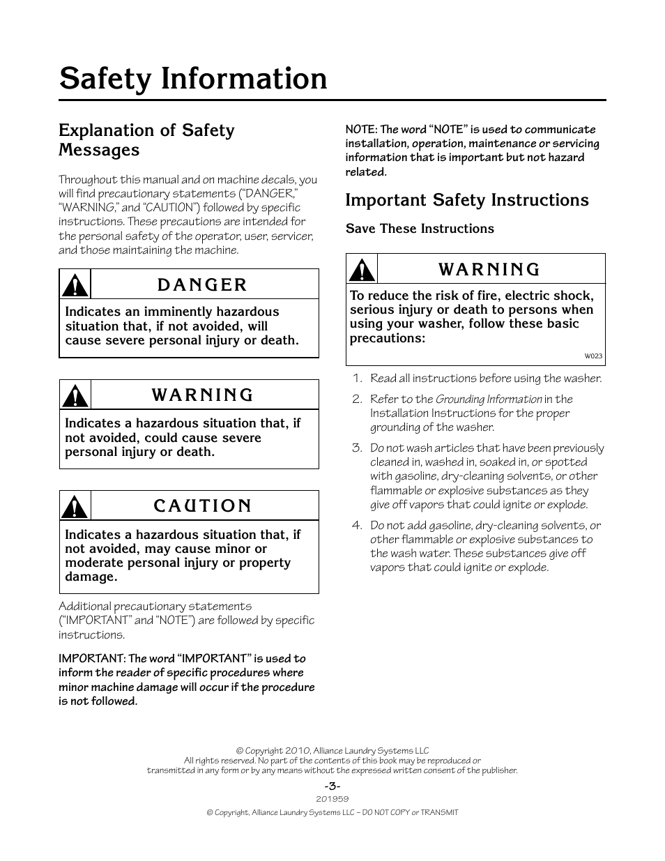 Safety information, Explanation of safety messages, Important safety instructions | Alliance Laundry Systems 201959R1 User Manual | Page 3 / 22