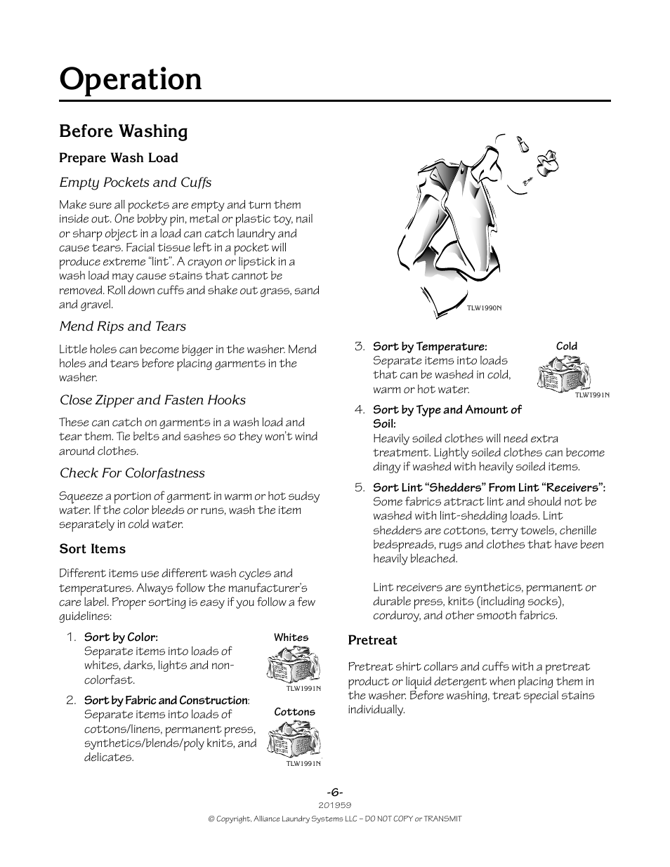 Operation, Before washing | Alliance Laundry Systems 201959R1 User Manual | Page 6 / 22