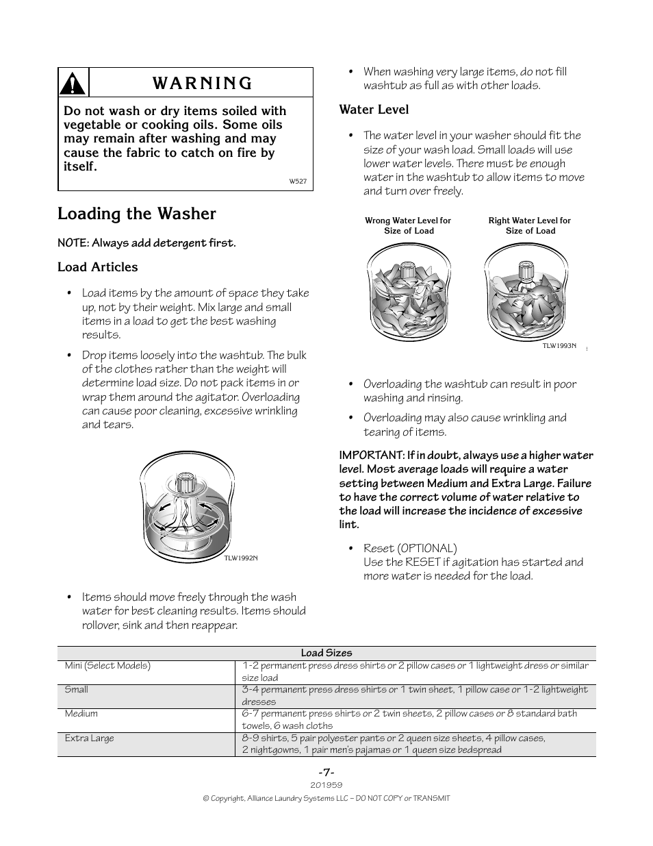 Loading the washer | Alliance Laundry Systems 201959R1 User Manual | Page 7 / 22