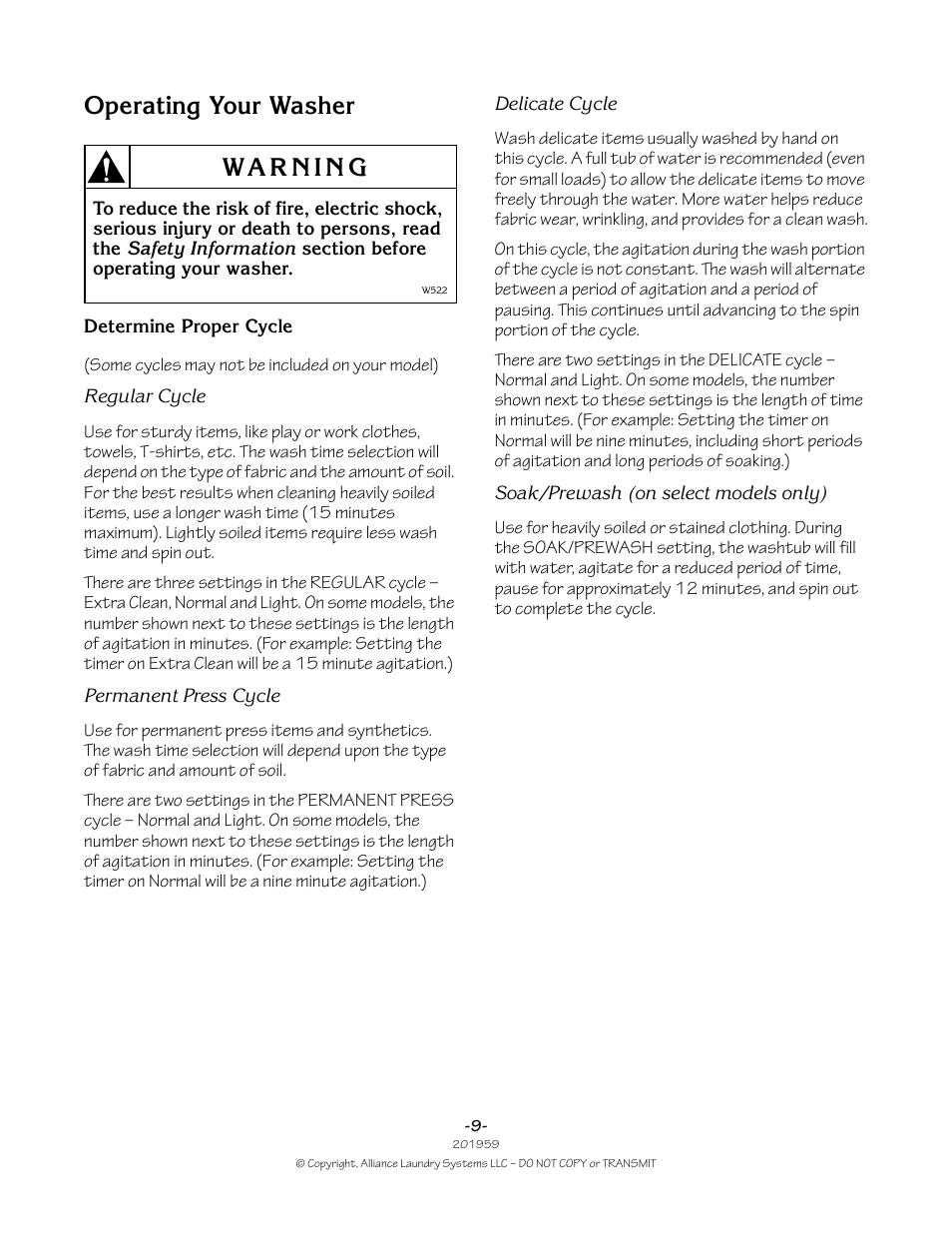 Operating your washer | Alliance Laundry Systems 201959R1 User Manual | Page 9 / 22