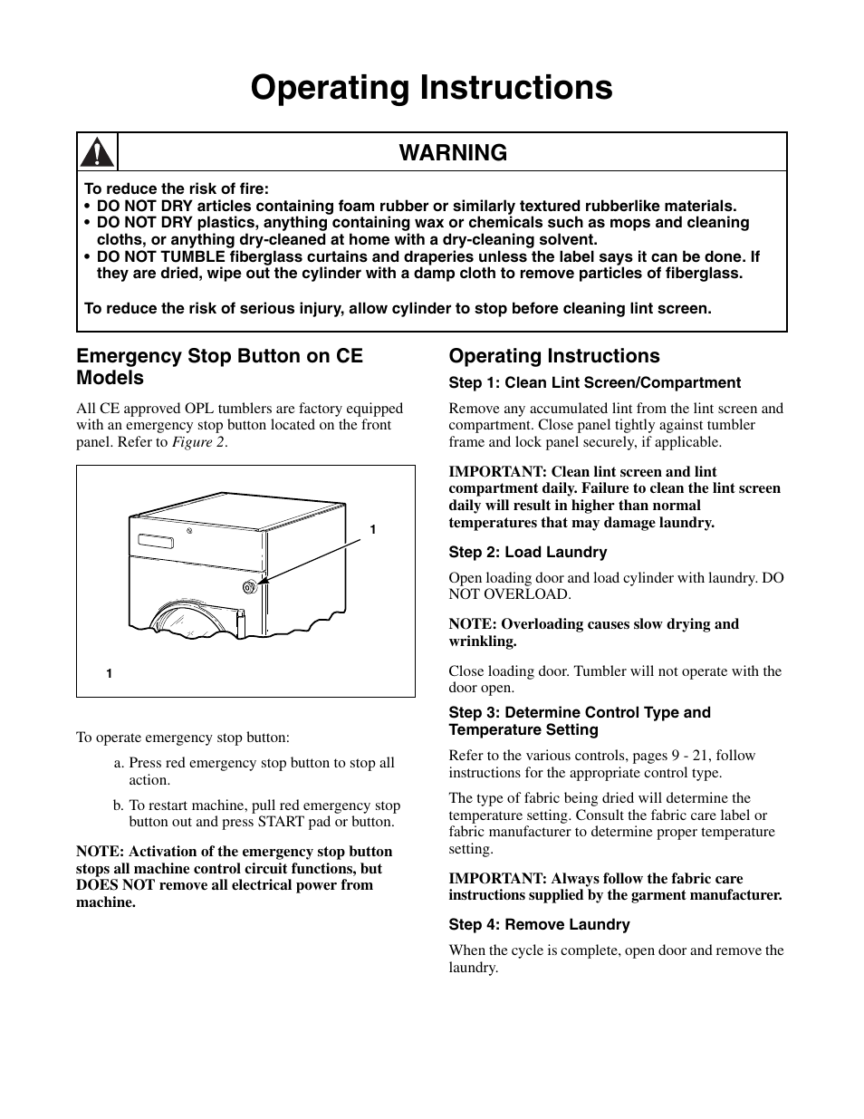 Operating instructions, Emergency stop button on ce models, Warning | Alliance Laundry Systems Drying Tumblers 50 Pound Capacity 75 Pound Capacity Model Identification Part No. 70400301R3 User Manual | Page 10 / 30