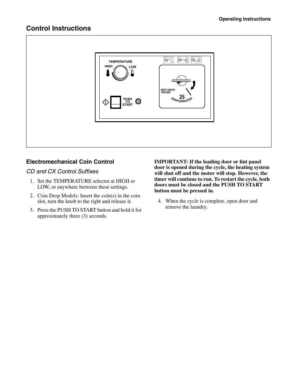 Control instructions, Electromechanical coin control | Alliance Laundry Systems Drying Tumblers 50 Pound Capacity 75 Pound Capacity Model Identification Part No. 70400301R3 User Manual | Page 11 / 30