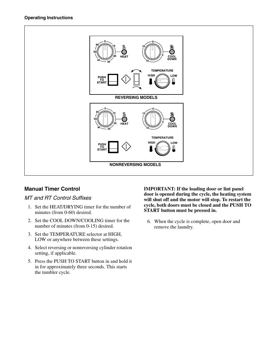 Manual timer control, Manual timer control mt and rt control suffixes | Alliance Laundry Systems Drying Tumblers 50 Pound Capacity 75 Pound Capacity Model Identification Part No. 70400301R3 User Manual | Page 12 / 30