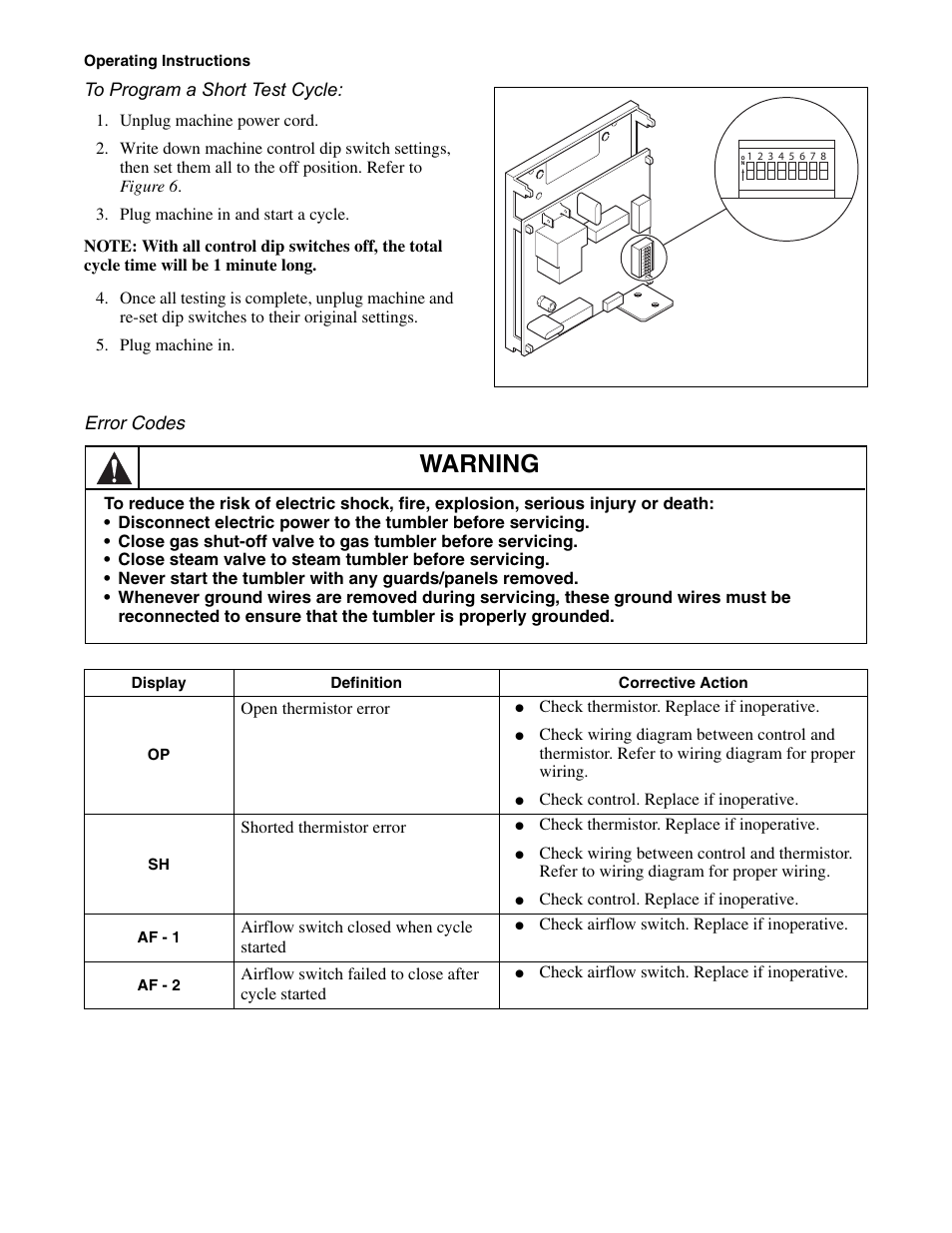 Warning, Error codes | Alliance Laundry Systems Drying Tumblers 50 Pound Capacity 75 Pound Capacity Model Identification Part No. 70400301R3 User Manual | Page 14 / 30