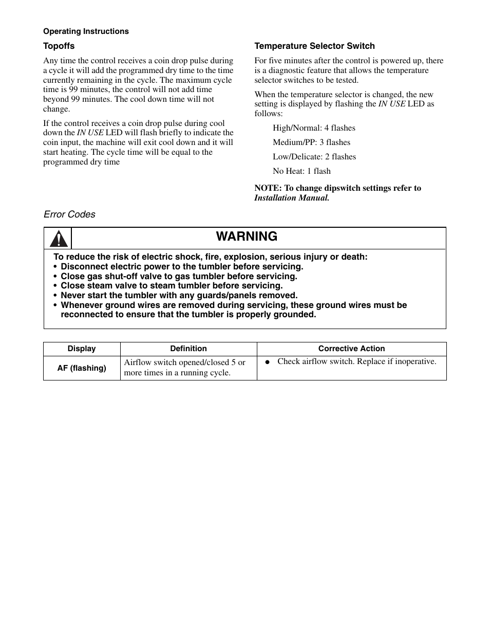 Warning | Alliance Laundry Systems Drying Tumblers 50 Pound Capacity 75 Pound Capacity Model Identification Part No. 70400301R3 User Manual | Page 16 / 30
