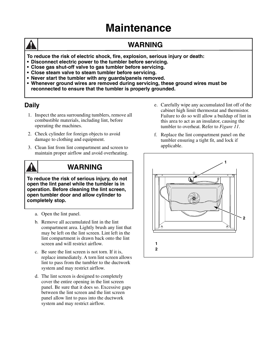 Maintenance, Daily, Warning | Alliance Laundry Systems Drying Tumblers 50 Pound Capacity 75 Pound Capacity Model Identification Part No. 70400301R3 User Manual | Page 26 / 30
