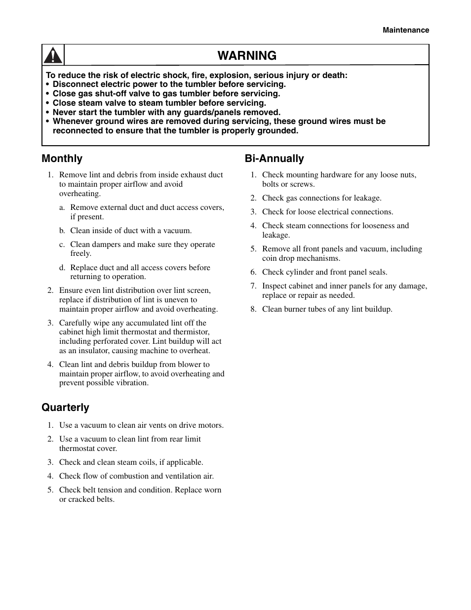 Monthly quarterly bi-annually, Warning, Monthly | Quarterly, Bi-annually | Alliance Laundry Systems Drying Tumblers 50 Pound Capacity 75 Pound Capacity Model Identification Part No. 70400301R3 User Manual | Page 27 / 30
