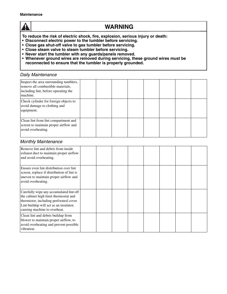 Warning | Alliance Laundry Systems Drying Tumblers 50 Pound Capacity 75 Pound Capacity Model Identification Part No. 70400301R3 User Manual | Page 28 / 30