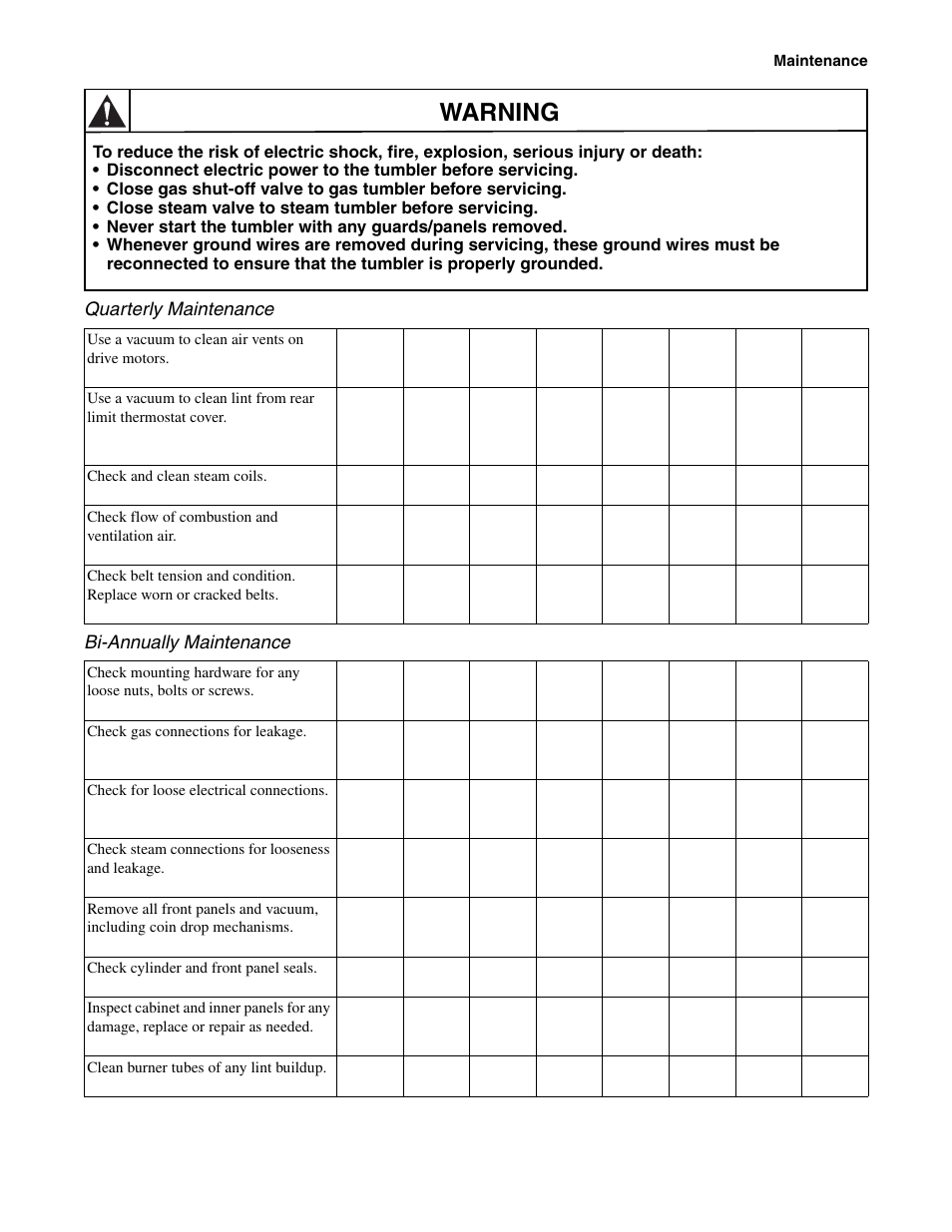 Warning | Alliance Laundry Systems Drying Tumblers 50 Pound Capacity 75 Pound Capacity Model Identification Part No. 70400301R3 User Manual | Page 29 / 30