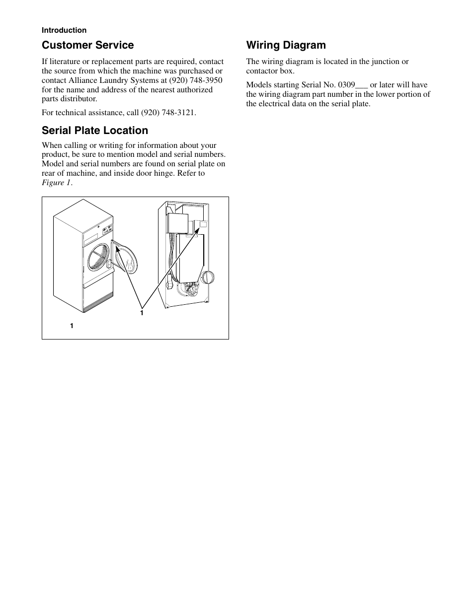 Customer service, Serial plate location, Wiring diagram | Alliance Laundry Systems Drying Tumblers 50 Pound Capacity 75 Pound Capacity Model Identification Part No. 70400301R3 User Manual | Page 6 / 30