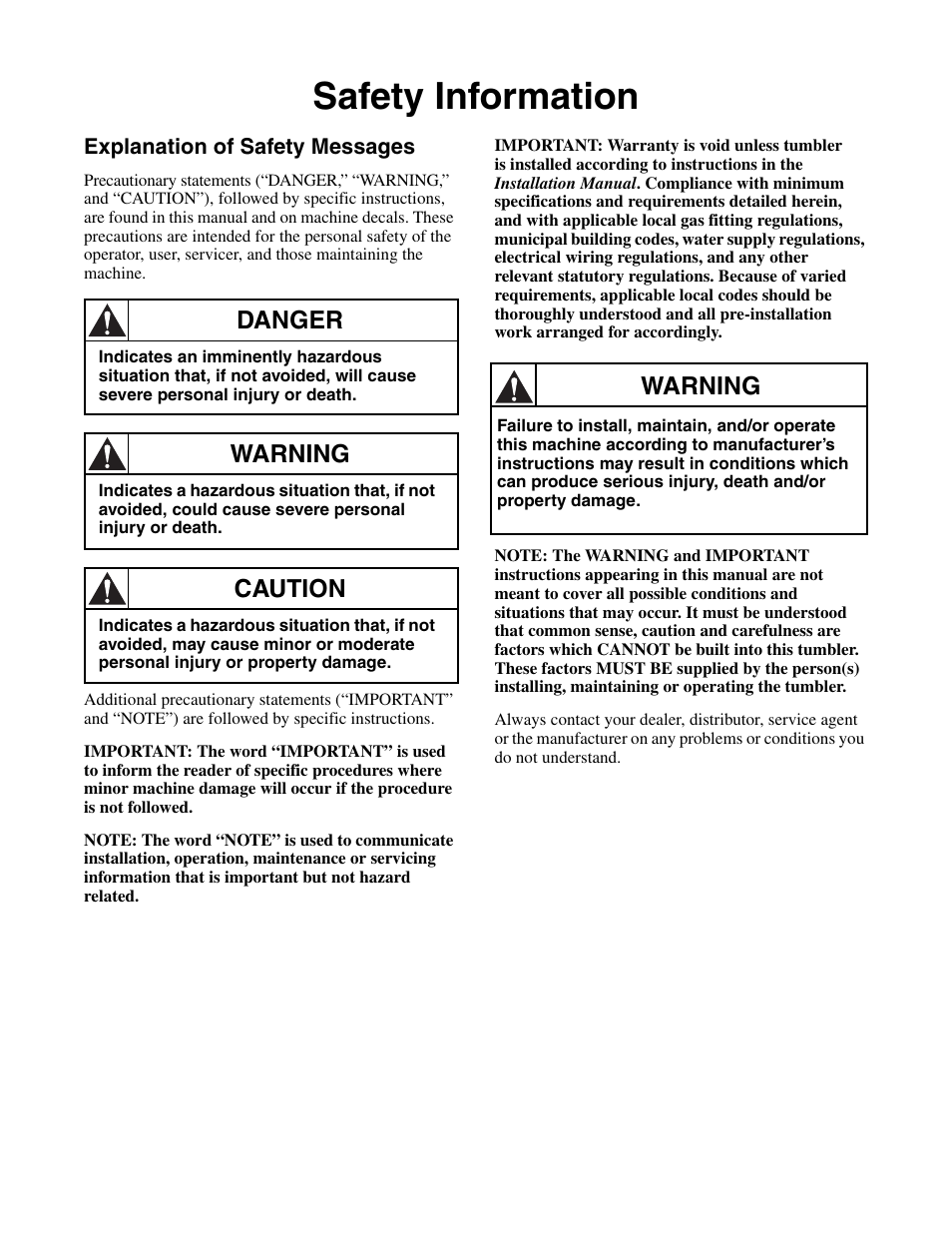 Safety information, Explanation of safety messages, Danger | Warning, Caution | Alliance Laundry Systems Drying Tumblers 50 Pound Capacity 75 Pound Capacity Model Identification Part No. 70400301R3 User Manual | Page 7 / 30