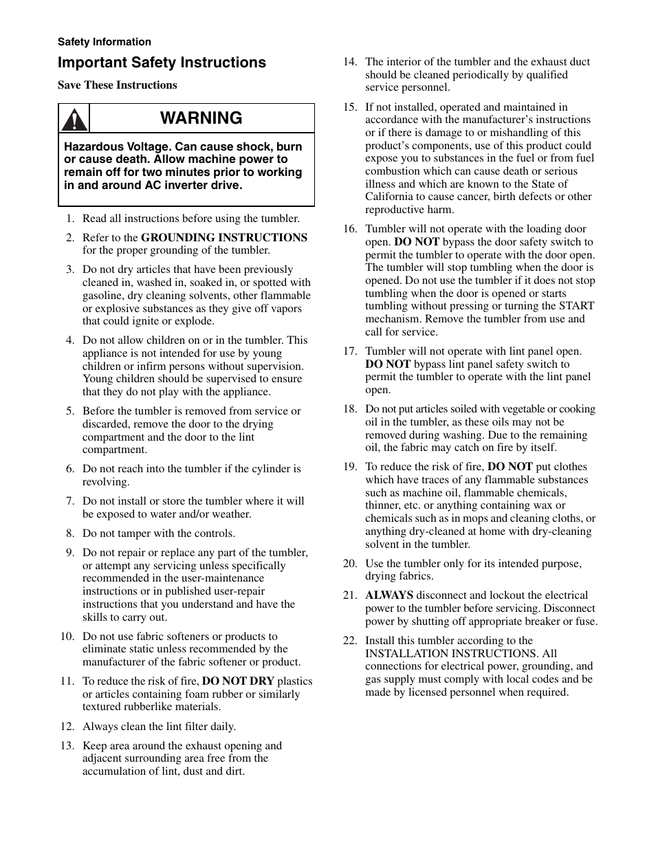 Important safety instructions, Warning | Alliance Laundry Systems Drying Tumblers 50 Pound Capacity 75 Pound Capacity Model Identification Part No. 70400301R3 User Manual | Page 8 / 30