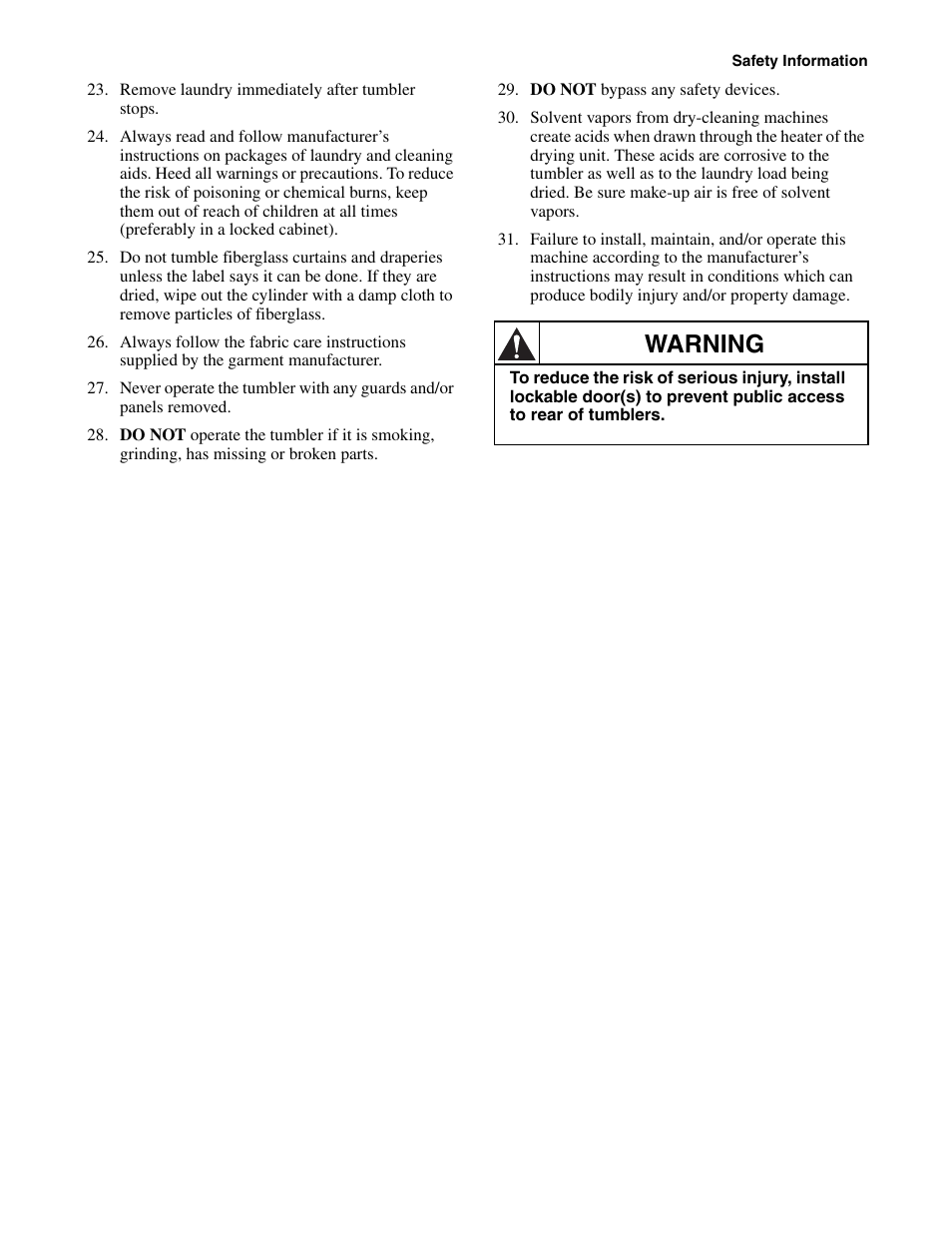 Warning | Alliance Laundry Systems Drying Tumblers 50 Pound Capacity 75 Pound Capacity Model Identification Part No. 70400301R3 User Manual | Page 9 / 30