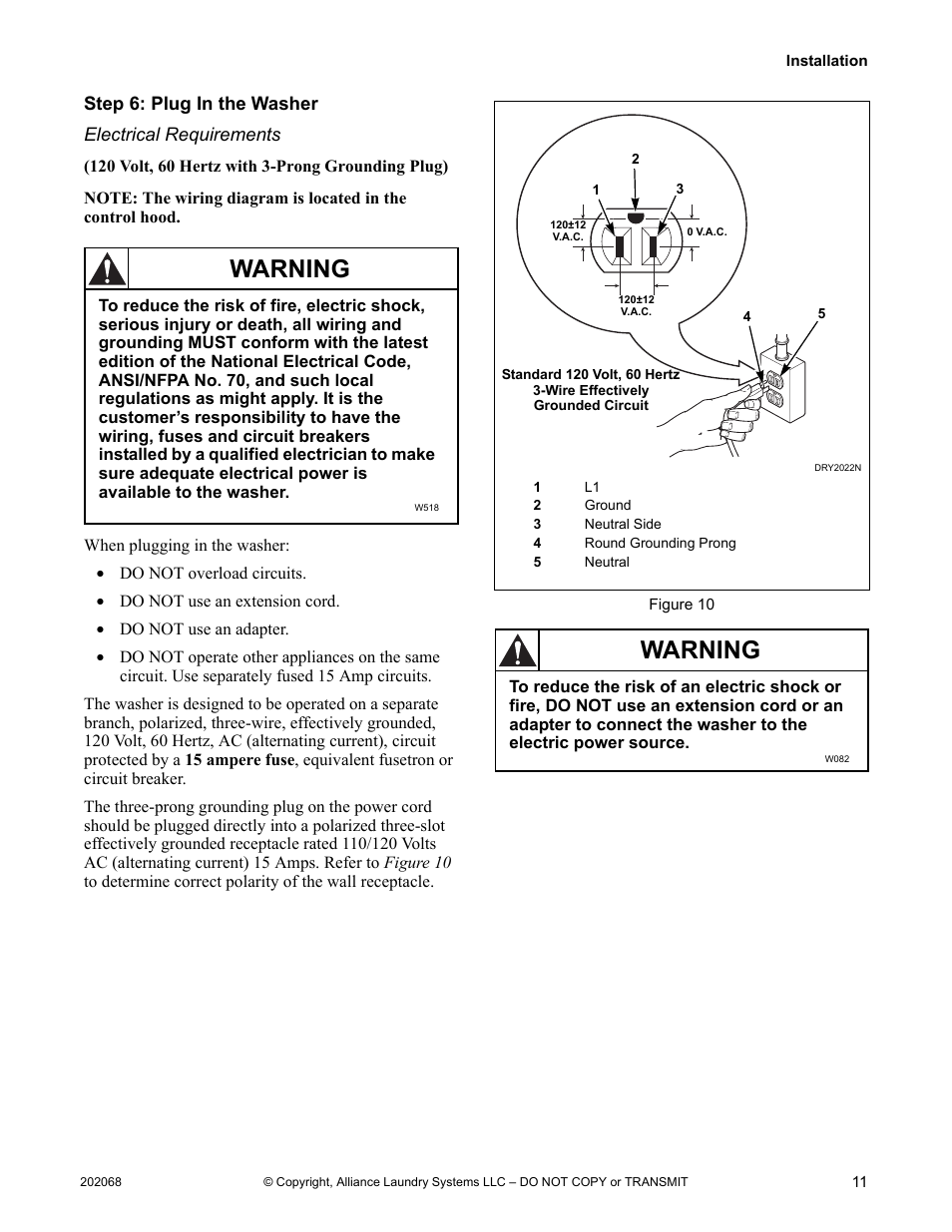 Step 6: plug in the washer, Warning | Alliance Laundry Systems TLW12CTLW12C User Manual | Page 13 / 26
